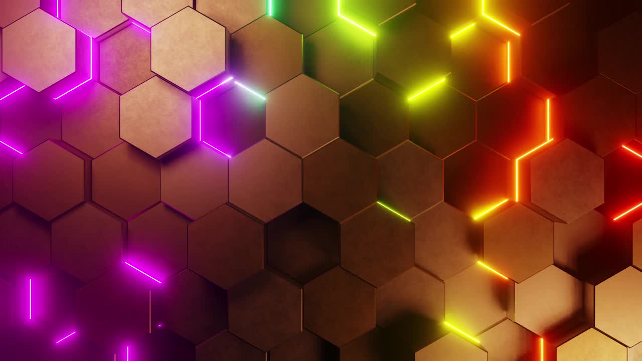 彩色背景与六边形形状和霓虹灯。循环动画视频下载