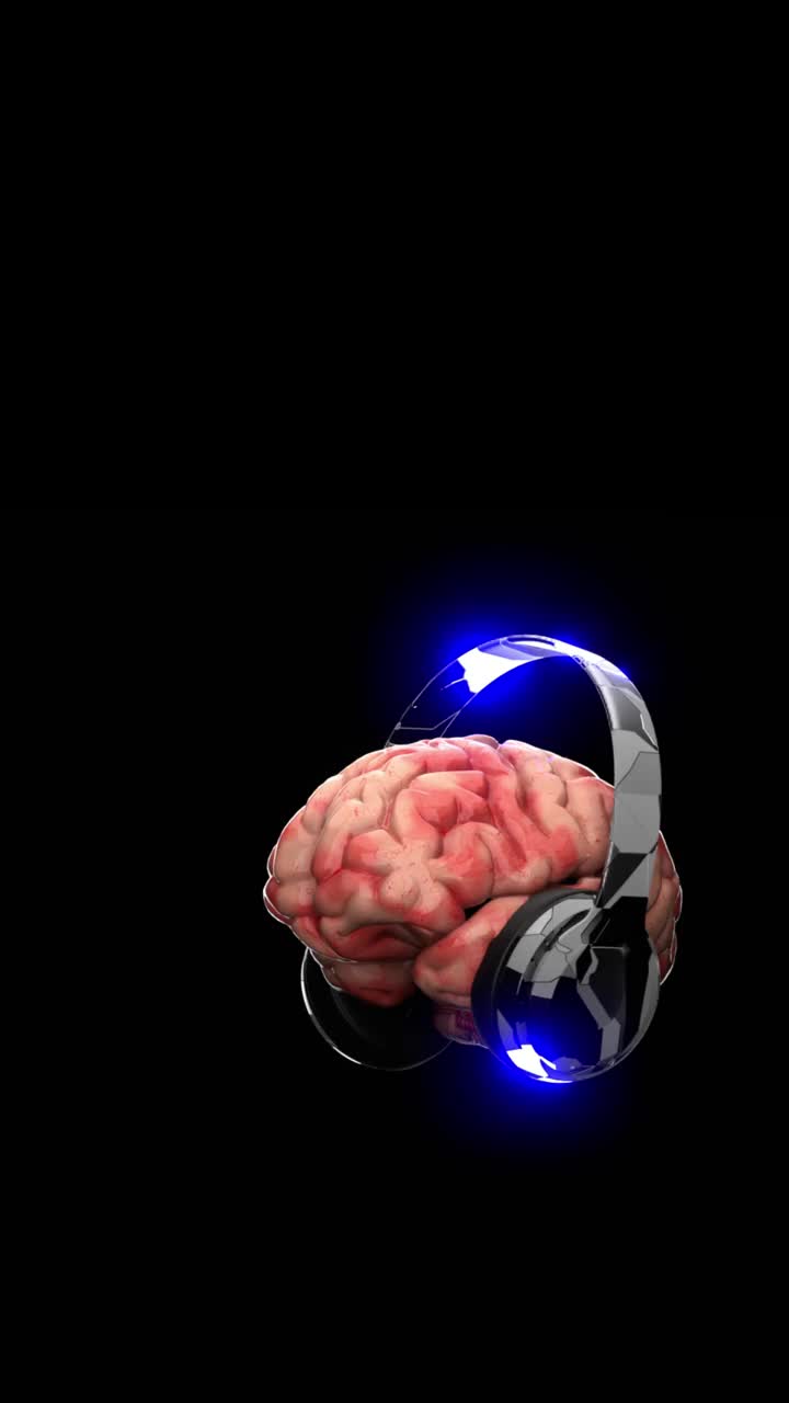 戴着耳机的人脑，黑暗背景下的概念和幻想视频下载