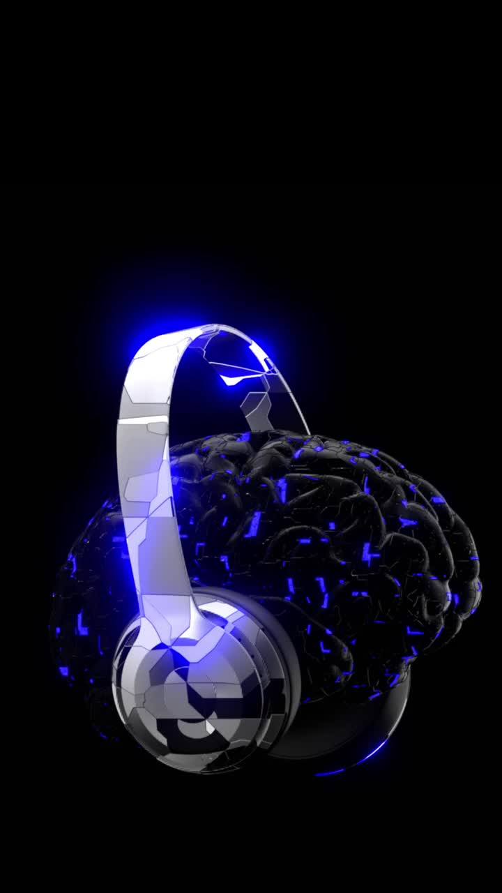 戴着耳机的人工智能，跳舞和听音乐，人类大脑形式的概念，科幻风格视频素材