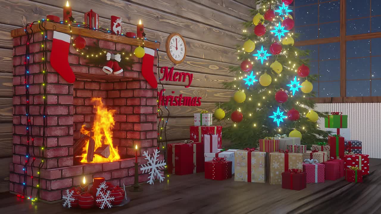 圣诞动画。圣诞老人推礼物。圣诞老人拿着圣诞礼物站在圣诞树旁。圣诞快乐，新年快乐动画。视频下载