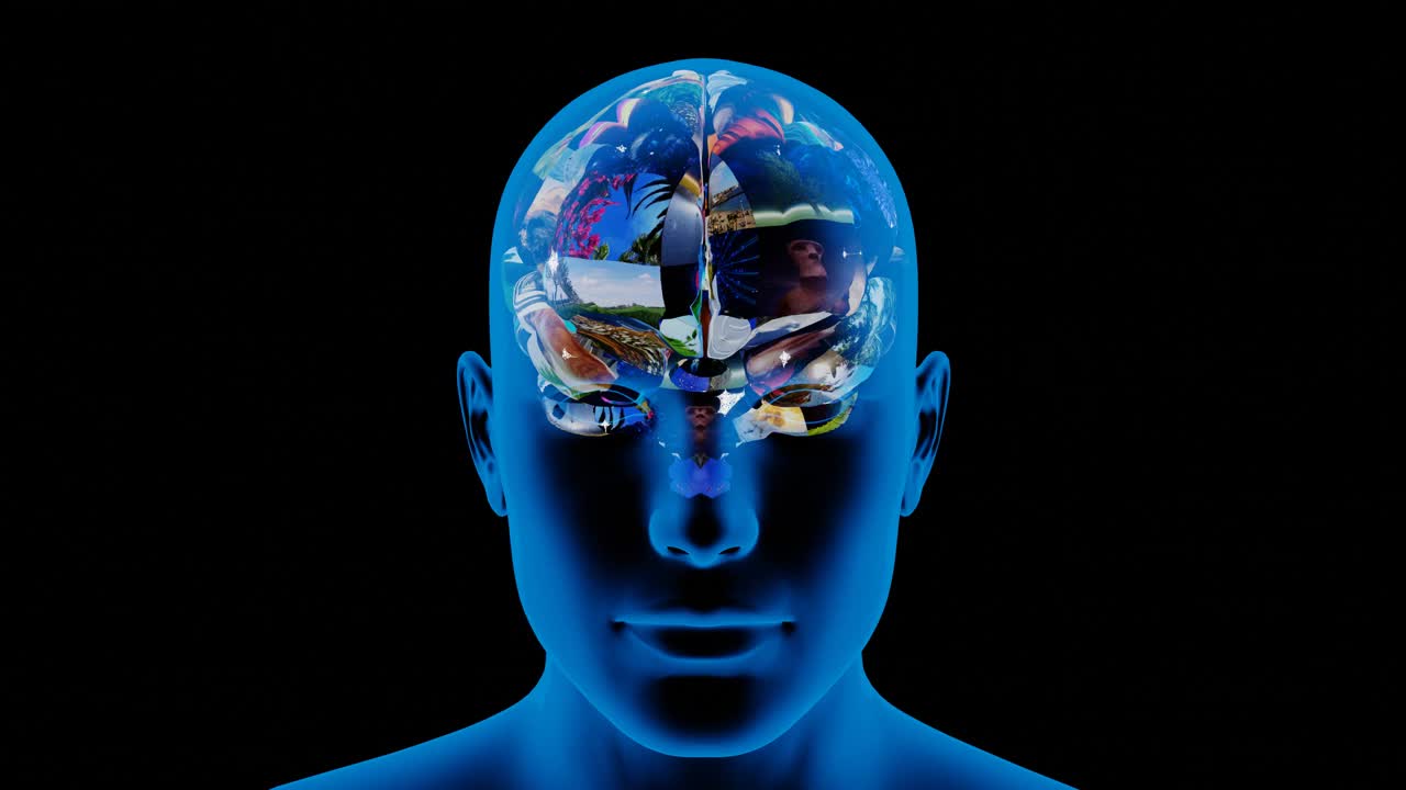 人头与大脑由动画视频剪辑拼贴而成，神经元放电视频下载