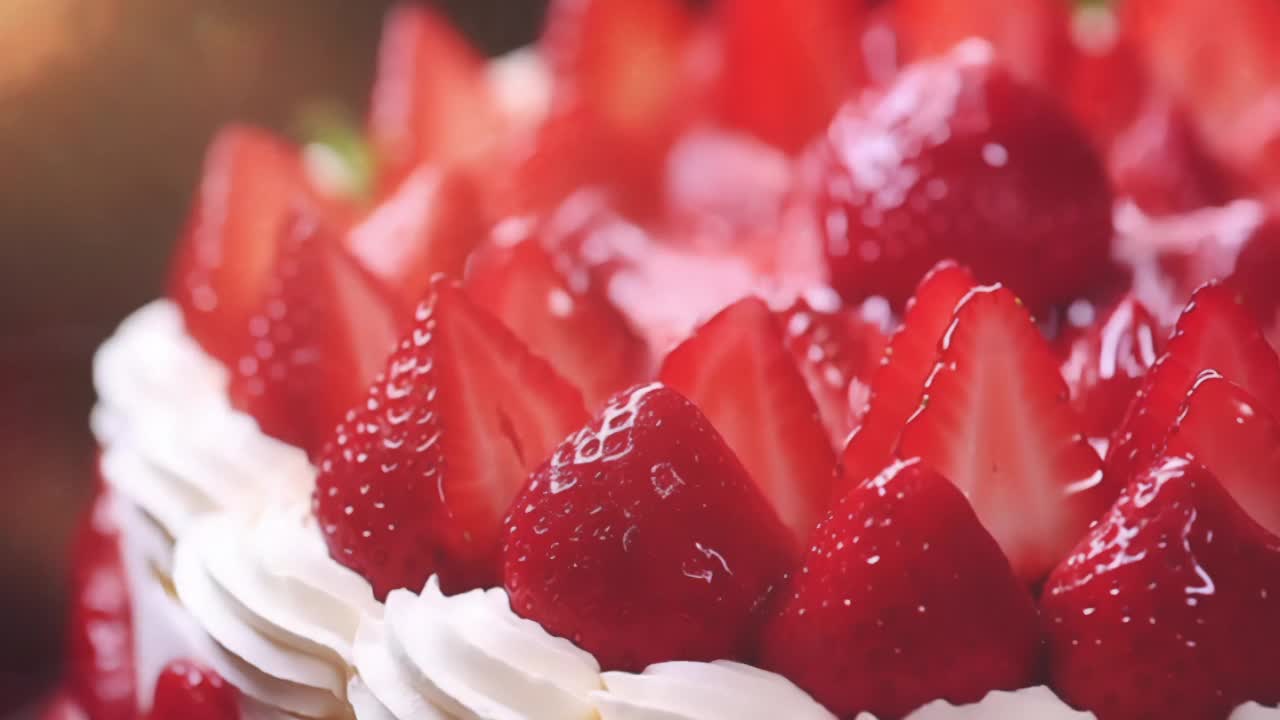 特写红草莓蛋糕，上面有切片的浆果。有选择性的重点视频下载