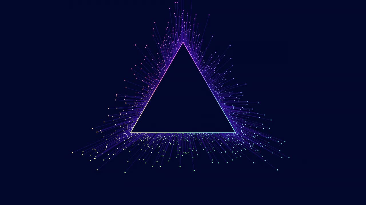 三角形的黑色和紫色形状，发光的线条，周围是蓝色的光和星星视频下载