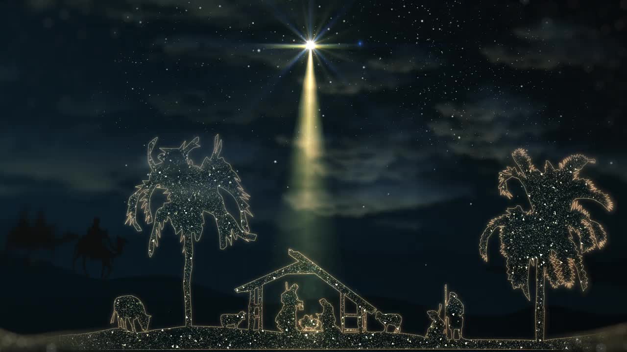 明亮的圣诞景象，闪烁的星星和明亮的伯利恒之星视频下载