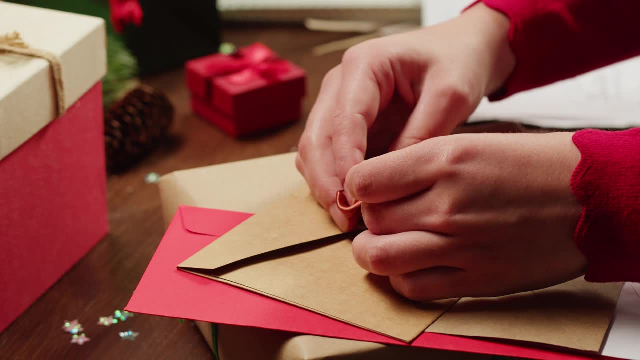 手包装圣诞新年或生日礼盒在木制桌面周围的信件和礼物，俯视图，新年装饰和快乐的节日气氛，2024年，2025年。视频购买