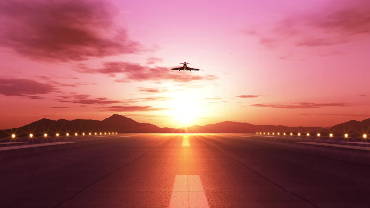 在美丽的粉红色日落时飞机着陆的正面视图视频下载