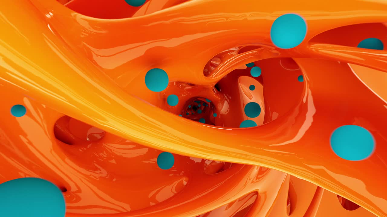 飞行通过橙色抽象超现实有机外星结构在曲线波浪生物形式与蓝色球体视频下载