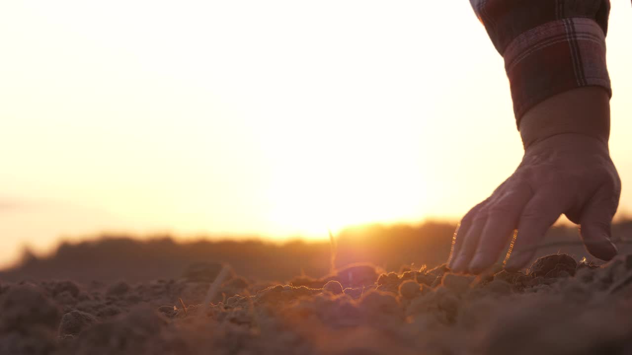农民在日落时分用手拿着尘土飞扬的土地的特写视频下载