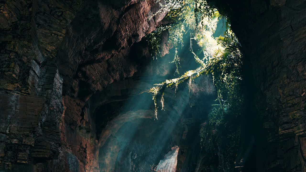 一个自然采光的洞穴，阳光从洞口射进来视频素材
