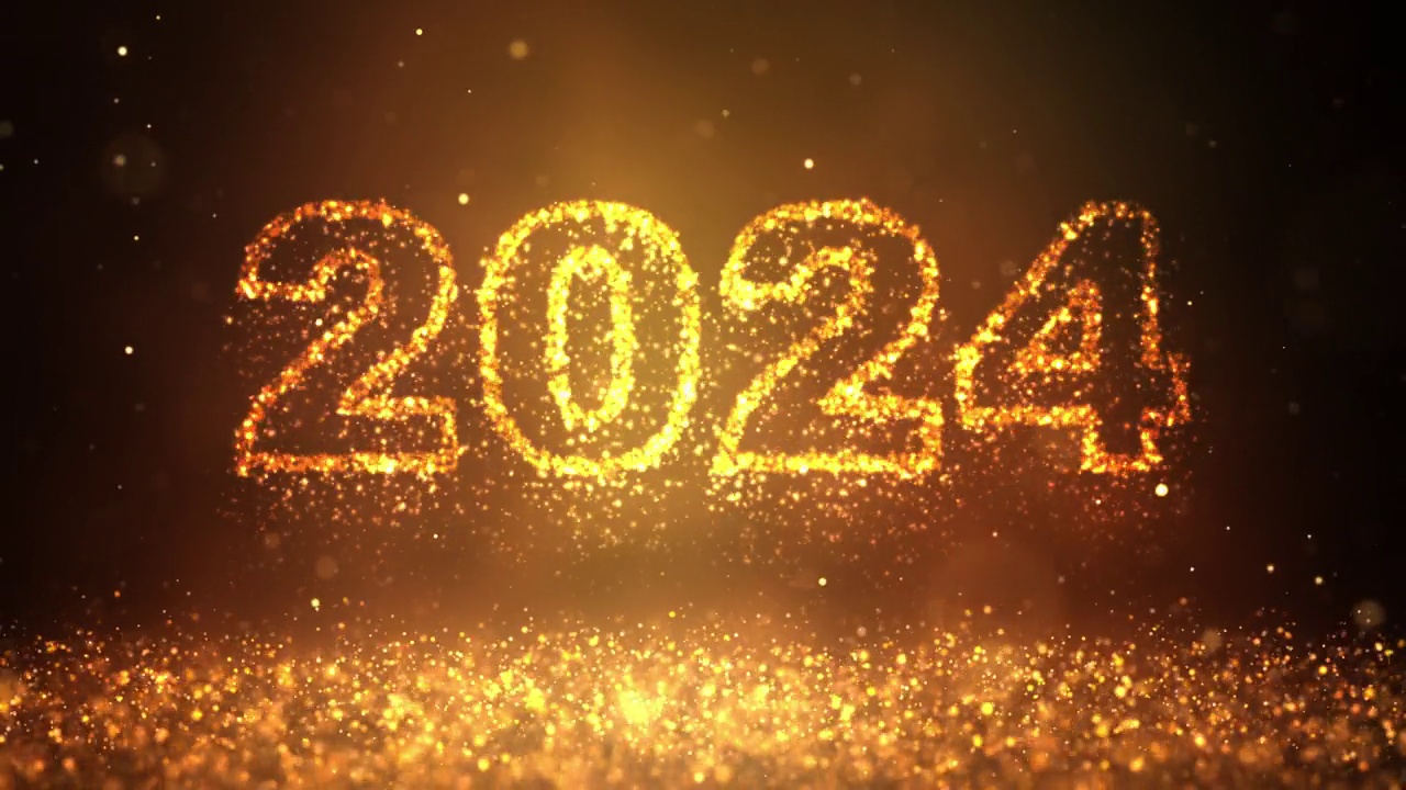 2024年庆祝概念与闪闪发光的粒子。笔迹。新年快乐的概念。视频下载