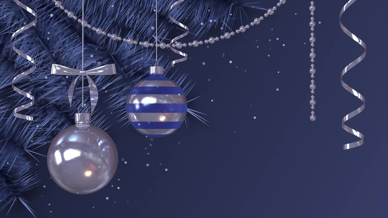 蓝色圣诞背景与松枝和圣诞装饰视频下载