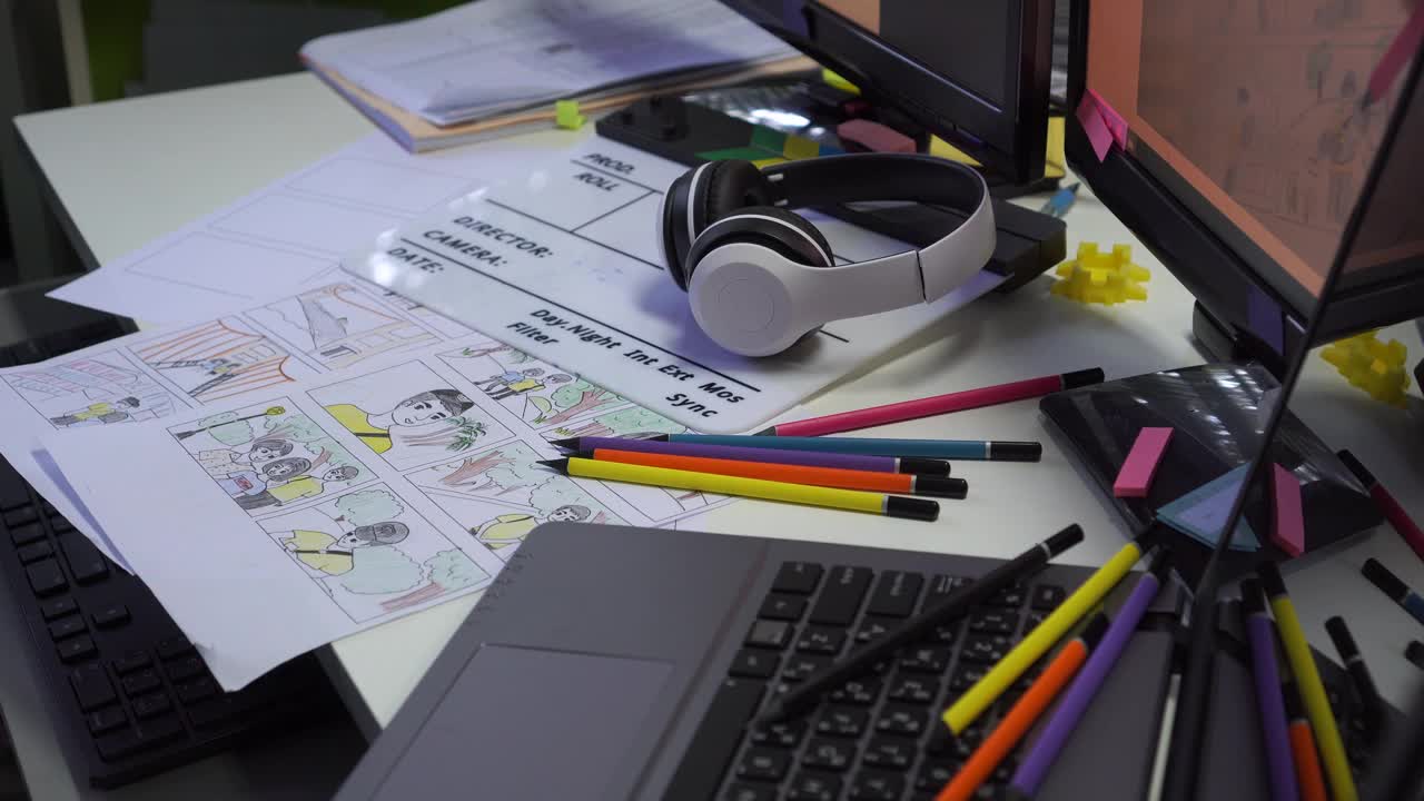 电影概念前期制作的故事板视频:石板上的耳机与彩色铅笔，用于在素描板卡通模板布局媒体上绘图。工作室的幕后工艺设计创意场景视频下载