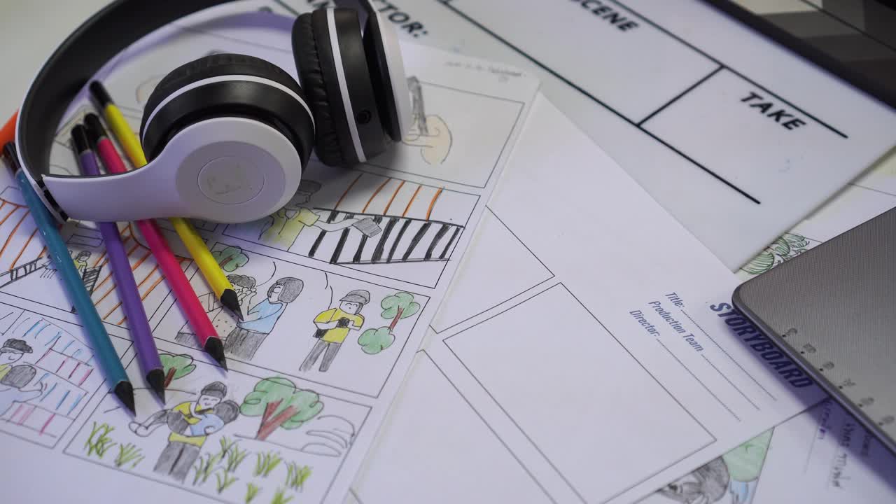 电影概念前期制作的故事板视频:石板上的耳机与彩色铅笔，用于在素描板卡通模板布局媒体上绘图。工作室的幕后工艺设计创意场景视频下载