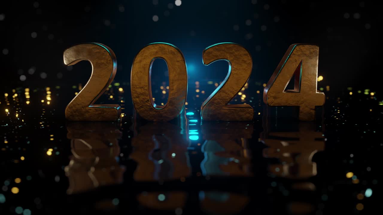 金色数字2024的特写，反射黑色波浪地面，冰蓝色散景背景。视频购买