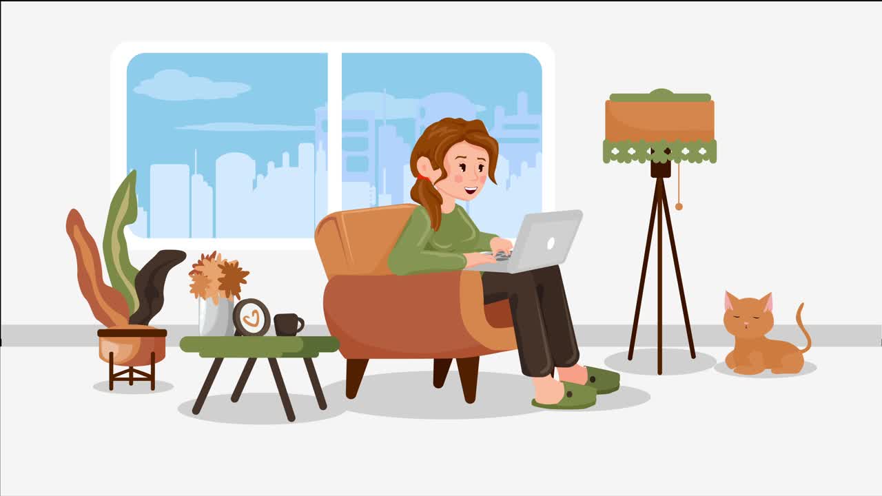 一个女人用她的笔记本电脑打发空闲时间。居家生活，与自己独处和放松的概念，4K分辨率。2d动画。视频下载
