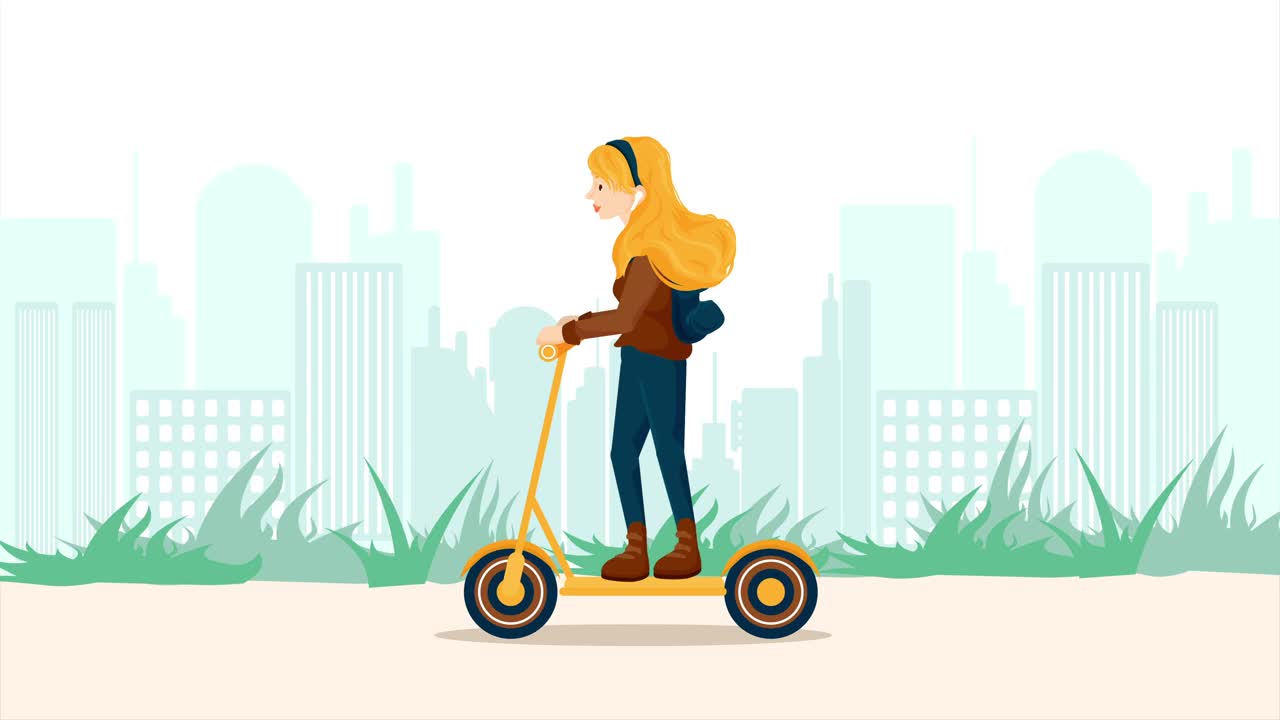 女孩骑电动滑板车的动画。城市生活和新科技。4 k决议。循环。视频下载