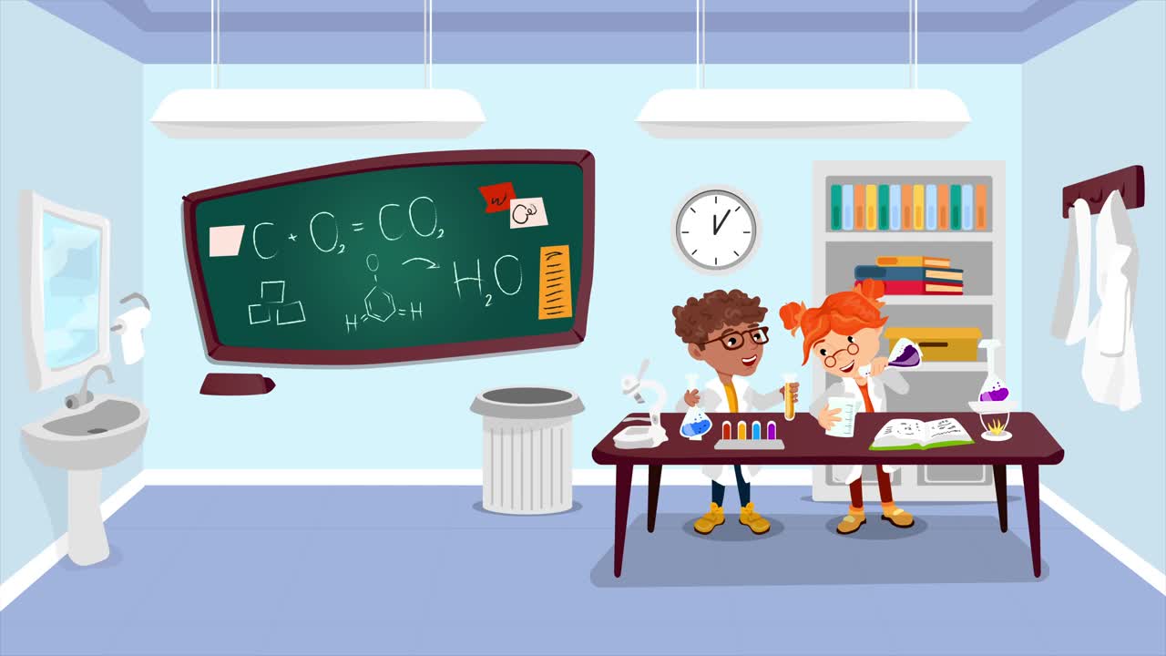 二维动画。化学课和小同学。彩色设计的化学课堂与设备。循环，4K分辨率。视频下载