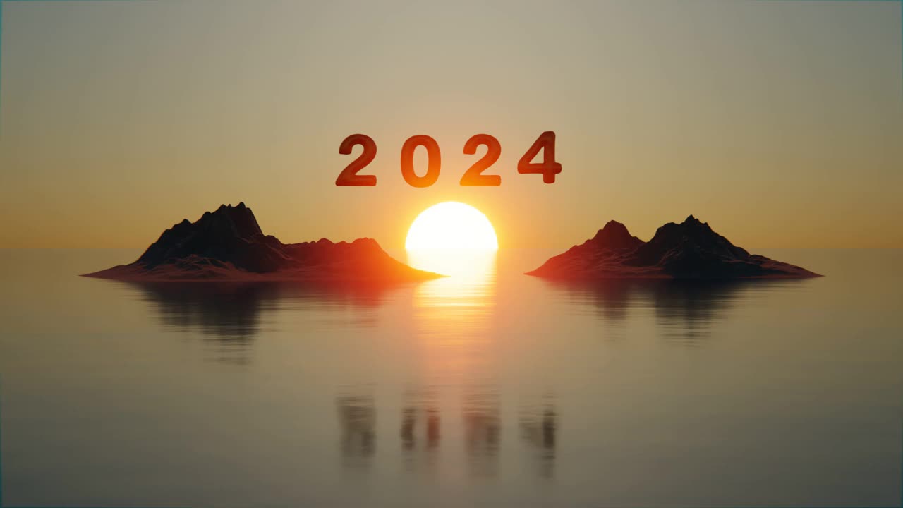 2024年新年快乐，山水夕阳，能量流烟花视频购买