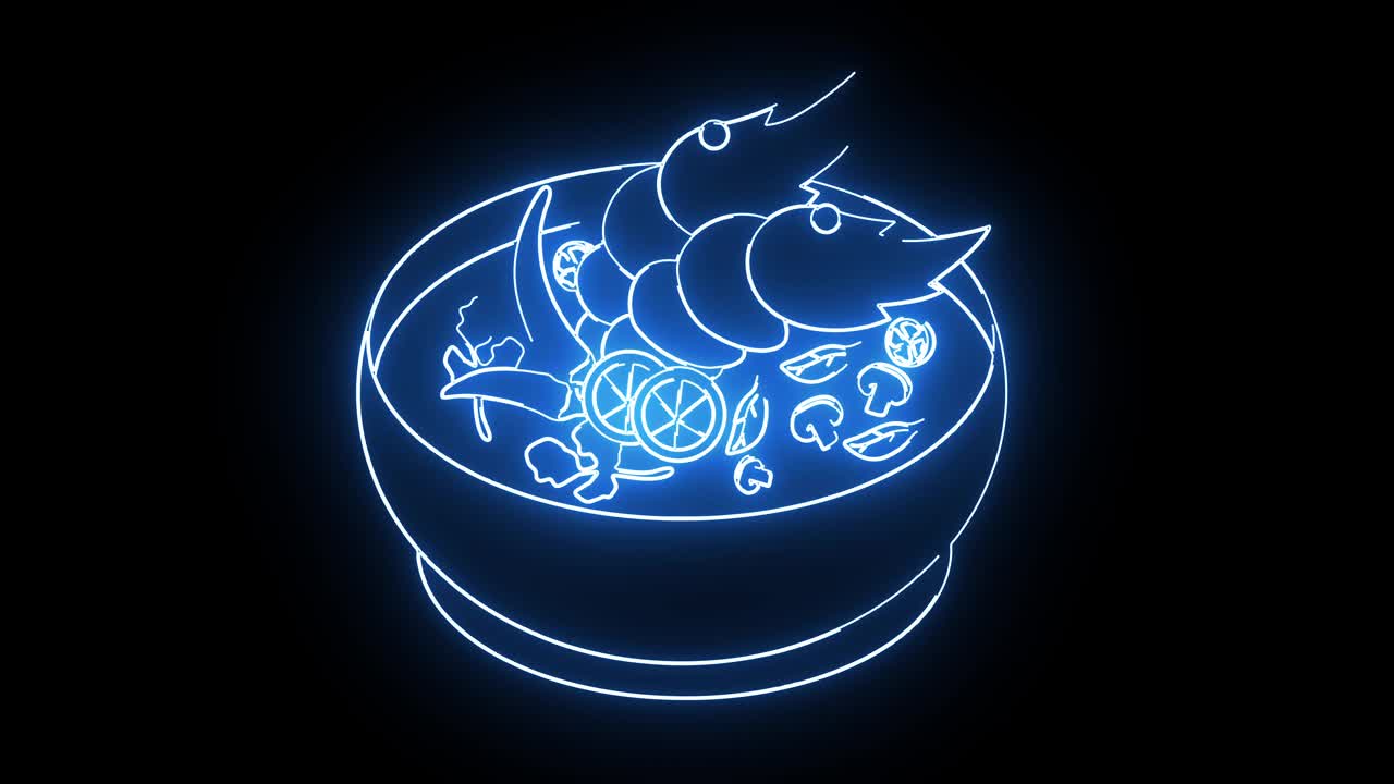 汤阴的动画图标，一个典型的泰国食物，发光的霓虹灯效果视频下载