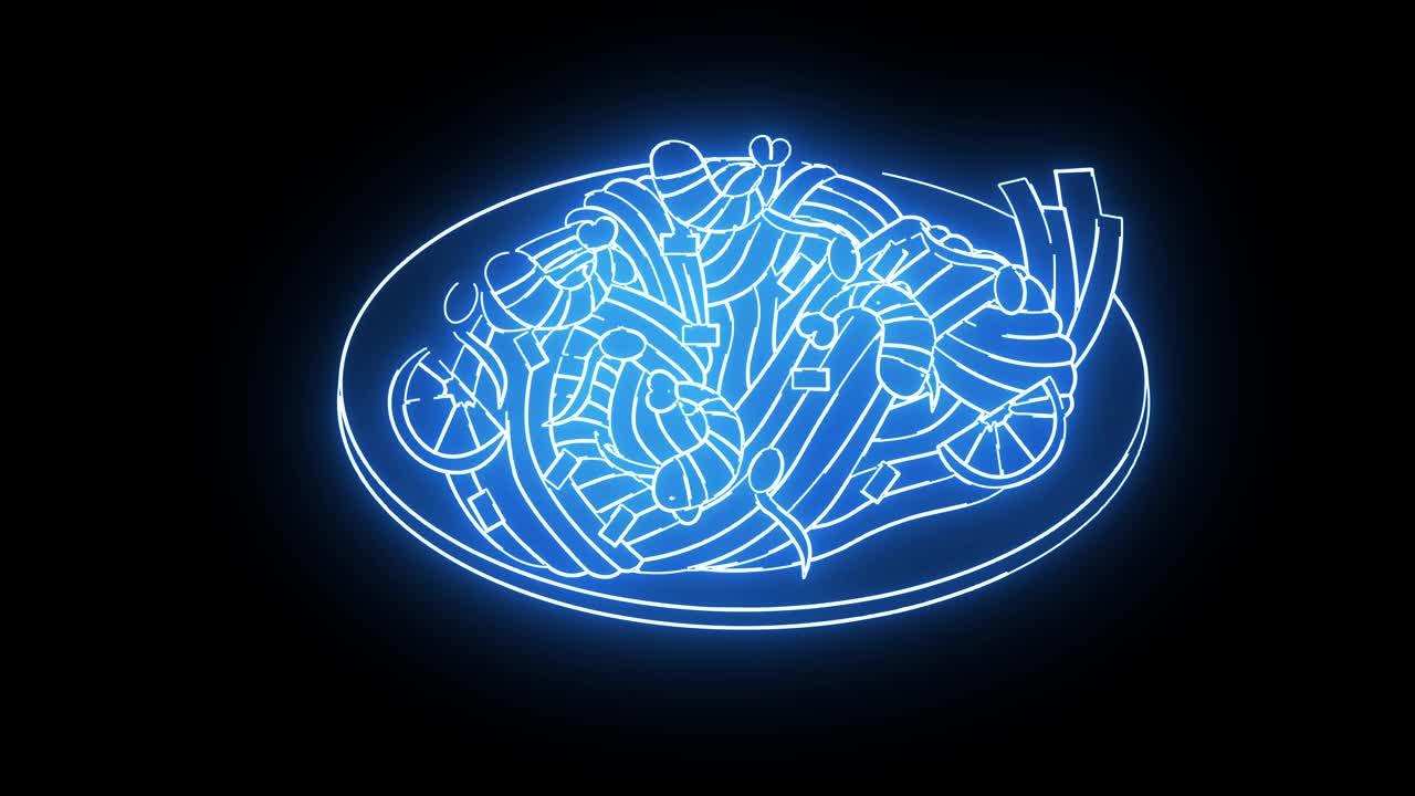 泰式炒粉的动画图标，这是一种典型的泰国食物，带有发光的霓虹灯效果视频下载