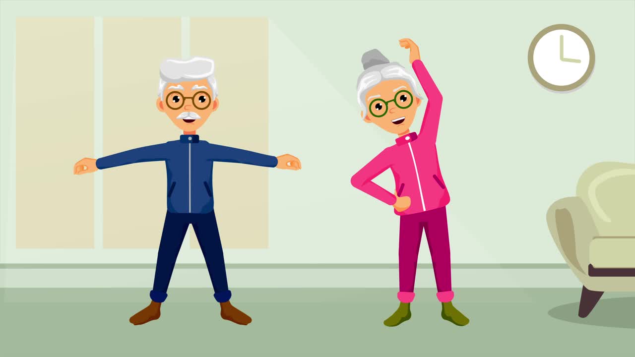 一对保持健康生活方式的老夫妇。健康生活和居家生活理念。二维动画。优质休闲活动，积极生活方式。健康生活和运动理念，老少皆宜。视频下载
