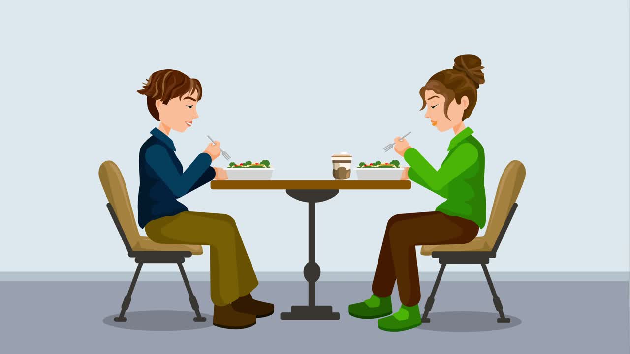 晚餐约会2D动画。一对夫妇在餐厅吃沙拉。4 k决议。视频下载