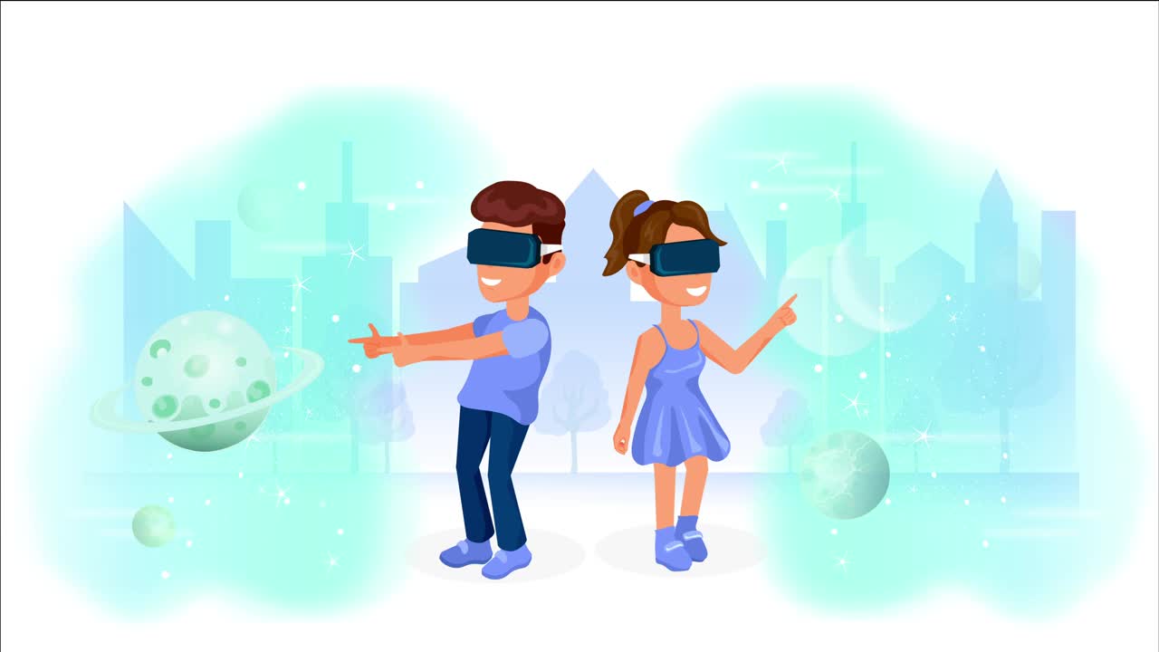 两个戴着虚拟现实眼镜的青少年的动画。一次愉快的冒险和发现。未来娱乐方法概念。青少年夫妇戴着VR眼镜2D动画。视频下载