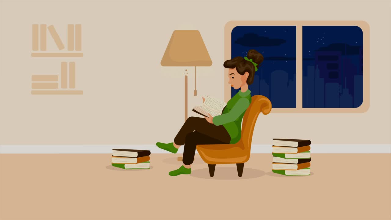 一个女人选择阅读作为休闲活动，2D动画…高效利用时间，做有价值的工作。信息和娱乐活动的概念。4 k决议。视频下载