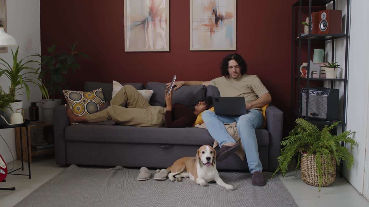 不同种族的年轻夫妇带着狗在家里的沙发上放松视频下载
