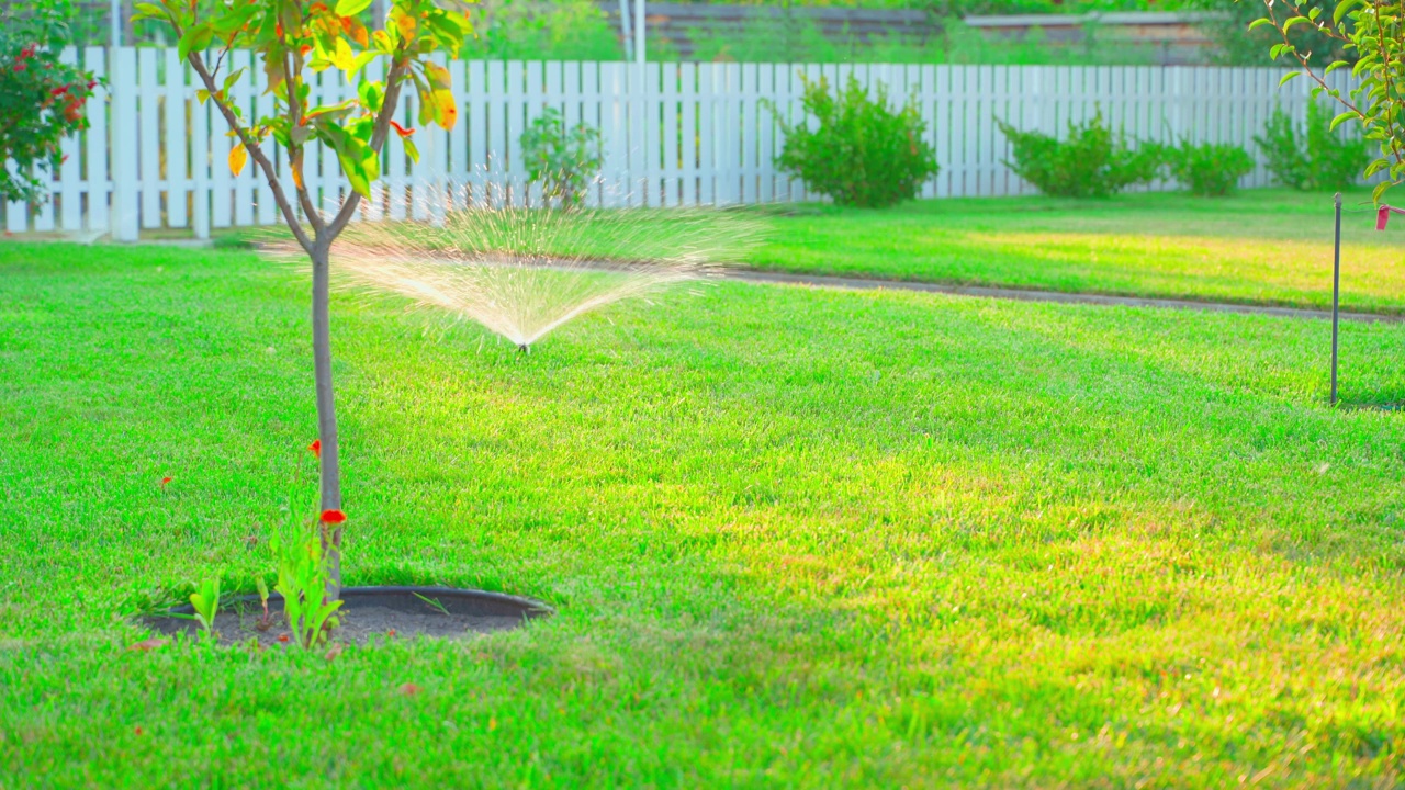 打开可伸缩的洒水器，为傍晚的夏日花园浇水。夏日夕阳落在私人修剪的草坪上，给草坪浇水。启动割草自动浇水视频素材