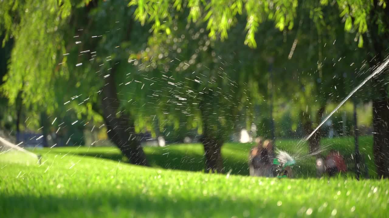 在城市公园的草坪上洒水，洒水，明媚的阳光照在碧绿的草地上，绿树成荫，一道美丽的夏日风景线视频下载