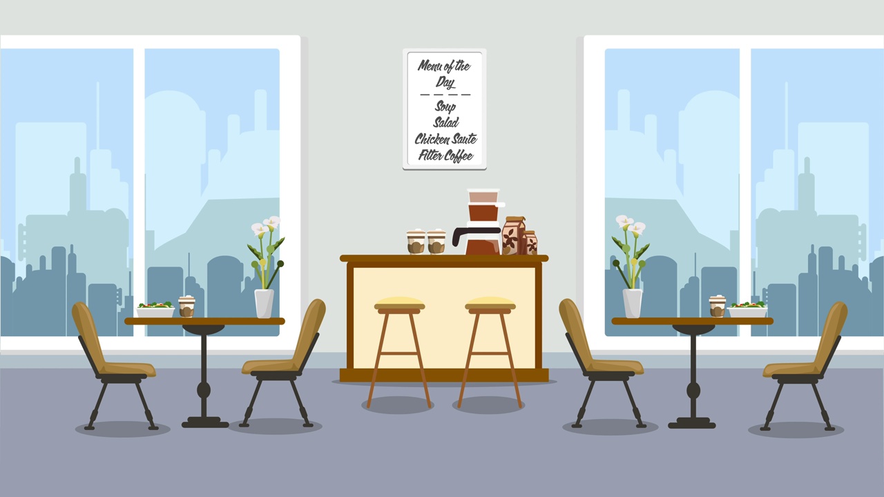 空咖啡厅室内设计2D动画。咖啡馆和空桌子和椅子。咖啡厅概念或餐厅室内设计，咖啡厅或餐厅室内设计，咖啡厅，吧台和窗户。4 k决议。视频下载