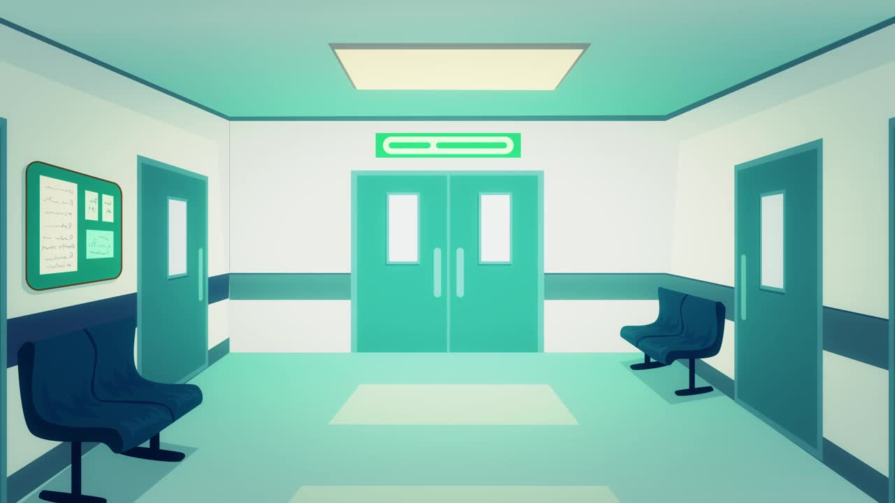 医院走廊候诊大厅配有信息板，椅子，门和轮椅，空无一人，诊所内部2D动画。背景是医院走廊。4 k决议。视频下载
