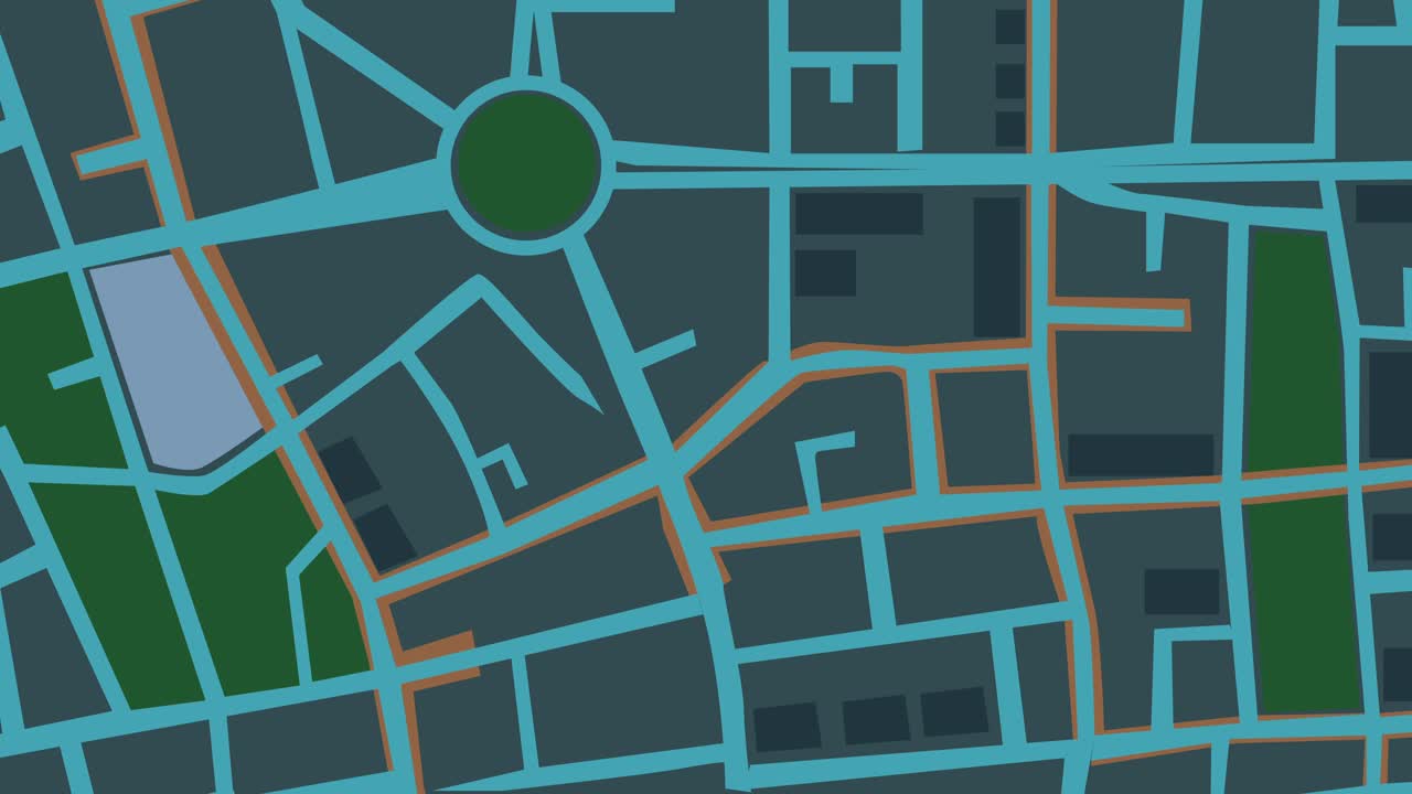 4K分辨率，城市位置关于人的需要和详细的俯视图。定位和导航服务。应用概念。夜景。2D动态动画。视频下载