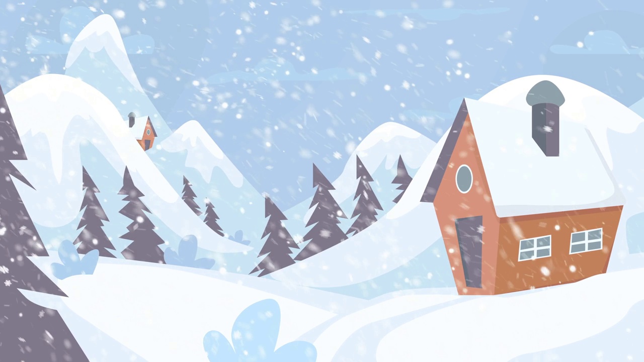冬季景观与雪和房子动画，降雪4K分辨率。视频下载