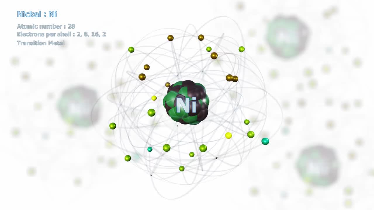 有28个电子的镍原子在白色原子上无限旋转视频下载