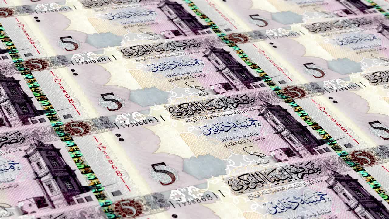 利比亚第纳尔5钞票印钞厂，印刷五利比亚第纳尔，印刷机印刷出利比亚第纳尔，由货币印刷机印刷5利比亚第纳尔钞票观察和储备侧-无缝循环视频下载