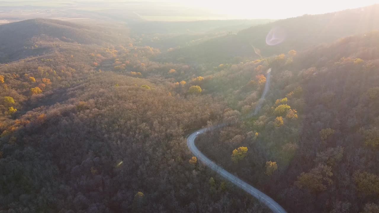 阳光明媚的秋季森林中塞尔维亚乡村公路的鸟瞰图视频下载