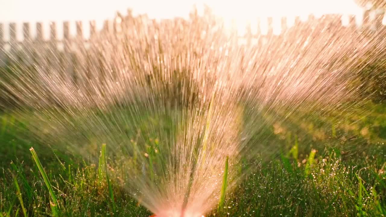用洒水器在草坪上洒水，特写。浇草，逆光水视频素材