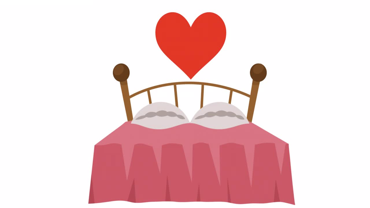 床上有枕头，浪漫。卧室里的爱心图标的动画。卡通视频下载