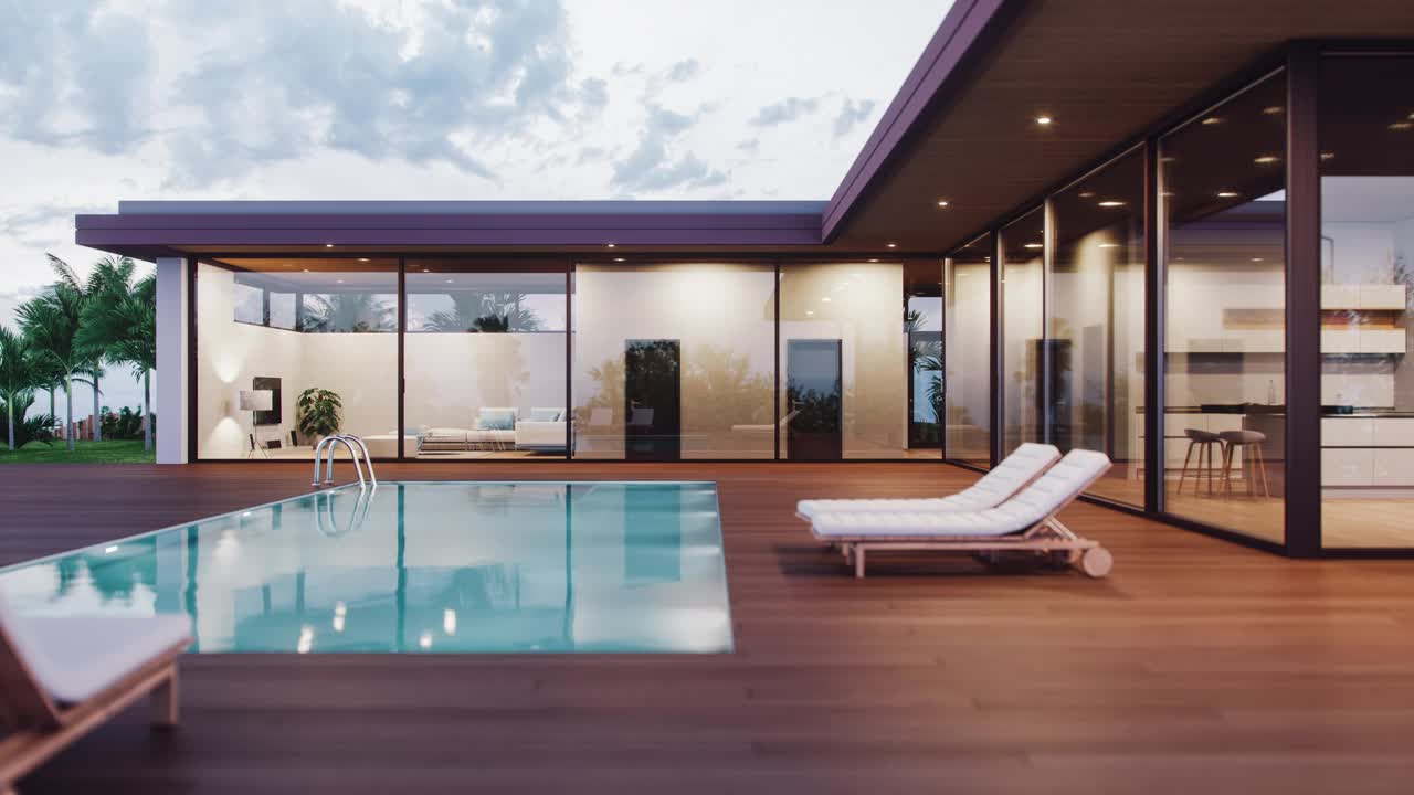 黎明时分带无边泳池的现代豪宅视频下载