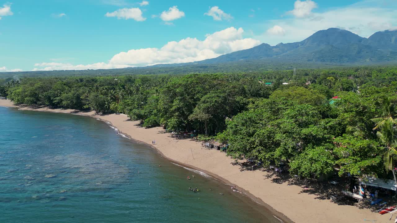 在阳光明媚的日子里，靠近海洋的海滩和海岸上的热带树木视频下载