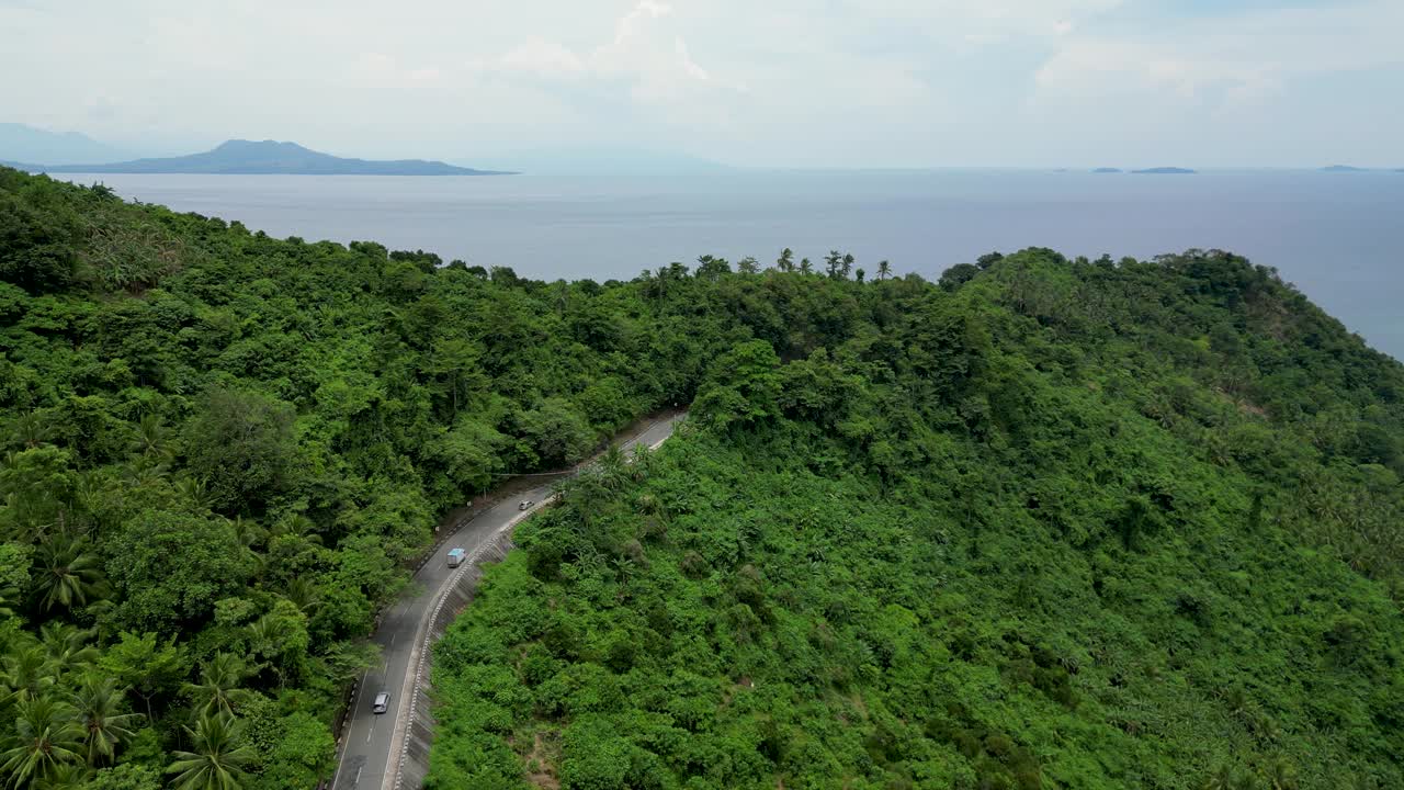 高地景观与小道路和树木对海视频下载