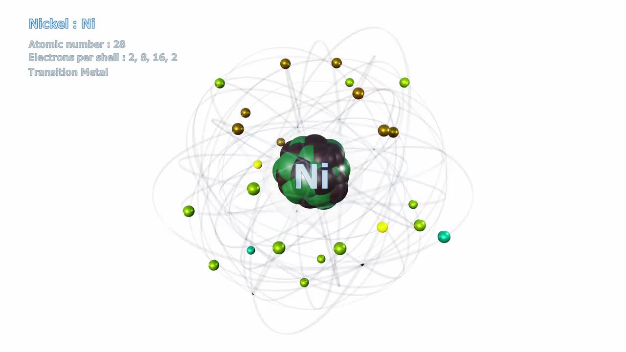 镍原子在白色上有28个电子在无限轨道旋转视频下载