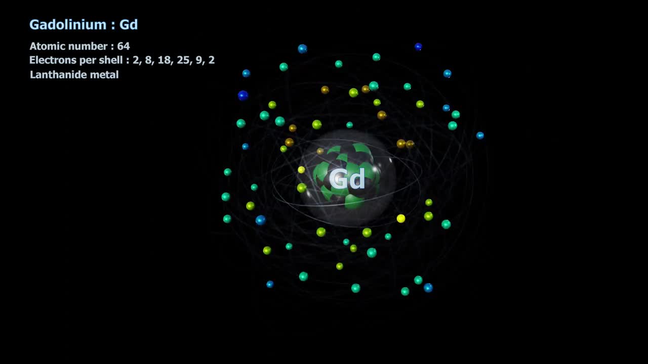 有64个电子的钆原子在黑色轨道上无限旋转视频素材