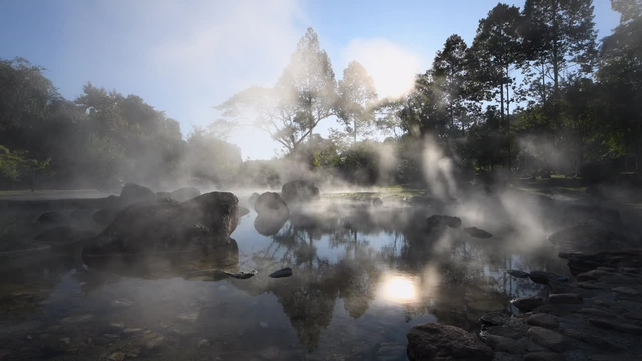 泰国南邦蔡善国家公园的温泉-天然矿泉水和早晨的自然美景视频下载