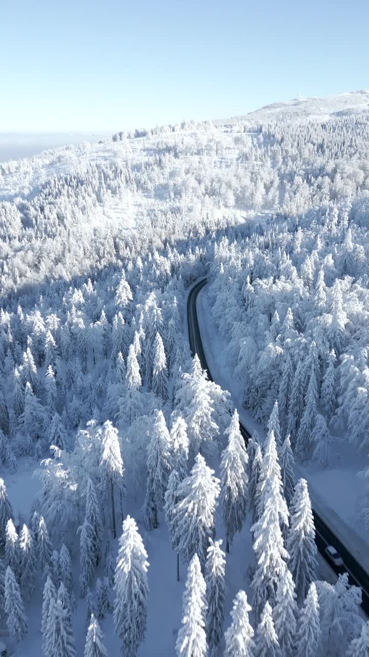 在阳光明媚的日子里，一辆汽车行驶在白雪皑皑的冬季山脉上视频下载