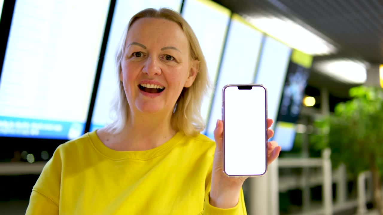 满意快乐的中年金发女子展示手机与白色屏幕在机场火车站在办公室广告微笑快乐空间为短信女子手机广告业务研究门票视频下载