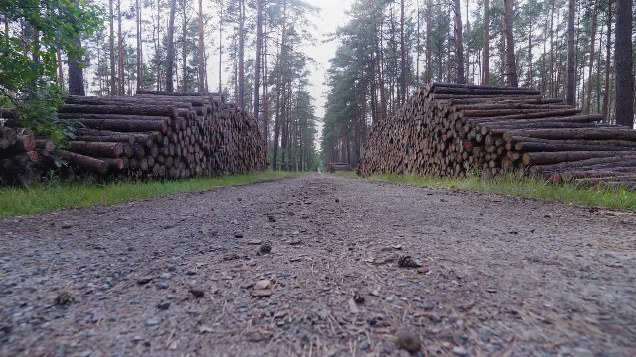 伐木在森林里，砍柴在堆垛里。木材天然花纹。伐木，采伐木材作为燃料和柴火。森林砍伐。视频下载
