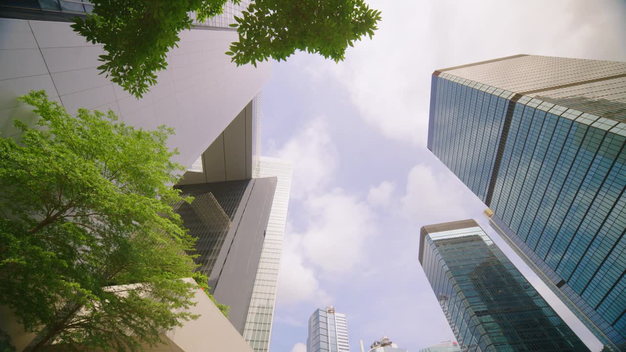 有树木的公司大楼的摩天大楼。视频下载